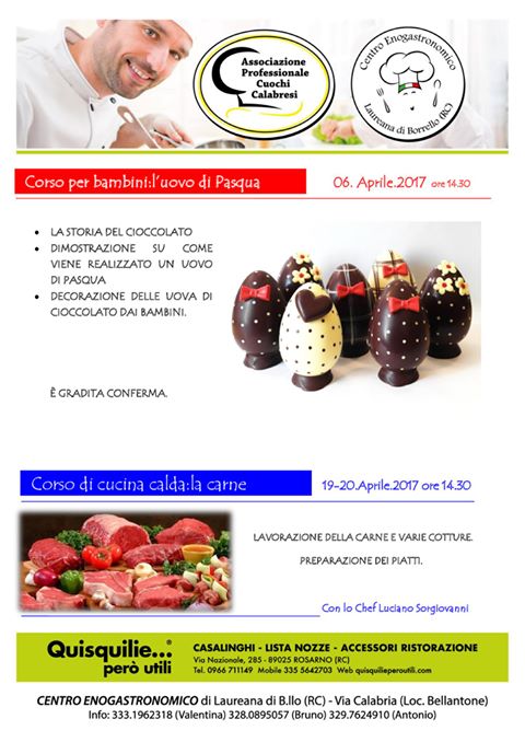 I Corsi proposti dal nostro Centro Enogastronomico di Laureana di Borrello (RC) nel mese di aprile 2017 